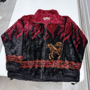 Bear Ridge Fleece Jacket Mens M Red Black Excellent Horse Graphic Full Zip